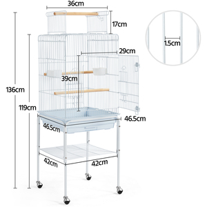 Rolling Metal Play Top Bird Cage with Stand - White by Yaheetech