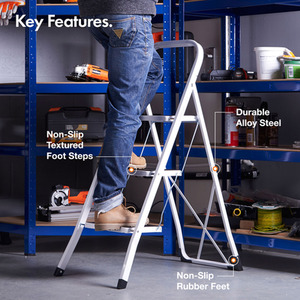 3 Step Steel Folding Step Ladder with Anti Slip Feet - White by VonHaus
