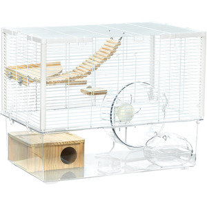 PawHut Hamster Cage with Deep Bottom, Wooden Ramp, Exercise Wheel, Food Bowl - White by PawHut