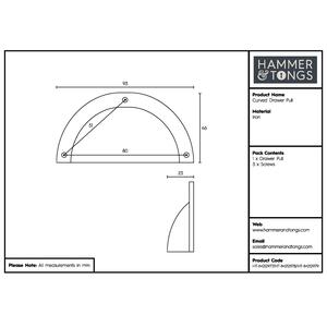 95x45mm Curved Cabinet Cup Handle - Raw by Hammer and Tongs
