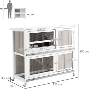 PawHut Wooden Pet Hutch Two-Tier Cage with Rain Cover, Wheels - Grey by PawHut