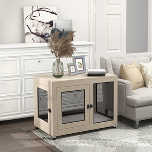 PawHut Dog Kennel Furniture End Table with Two Doors, Cushion - Brown by PawHut