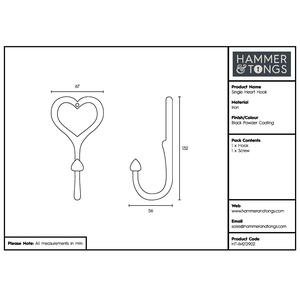 65x130mm Single Heart Hook Black - Black by Hammer and Tongs