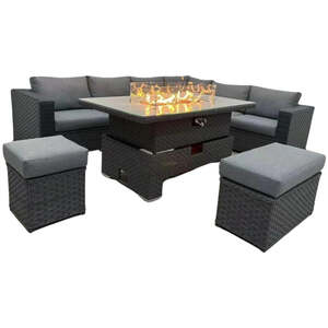 Buxton Rattan Garden Rising Corner Dining Set with Fire Pit - Dark Grey by Furnico Living LTD
