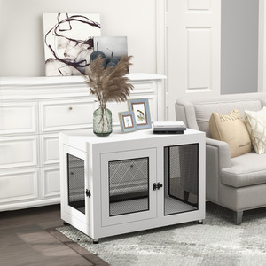 PawHut Dog Kennel Furniture End Table with Two Doors, Cushion - White by PawHut