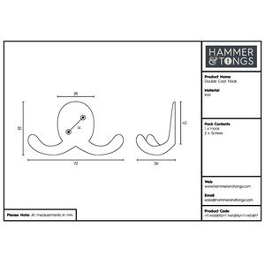 70x50mm Double Coat Hook - Raw by Hammer and Tongs