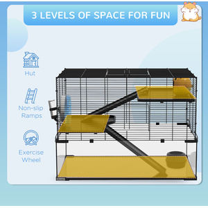 PawHut 3 Tiers Hamster Cage with Ramps, Exercise Wheel - Black / 78.5cm by PawHut