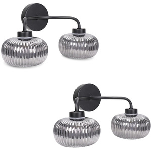 Pair of - Amaia 2 Way IP44 Wall Lights with Ribbed Glass Shades - Black by ValueLights