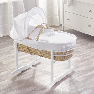 Sleepy Little Owl Palm Moses Basket with White Rocking Stand - White by Kinder Valley