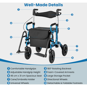 2-in-1 Foldable Rolling Walker Wheelchair Combo by Costway