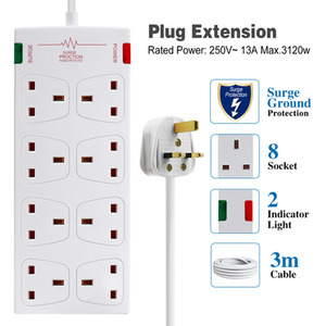 8 Gang Surge-Protected Extension Lead - White / 3m by ExtraStar