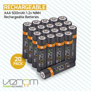 500mAh Rechargeable AAA Batteries (20-Pack) - Black by Venom