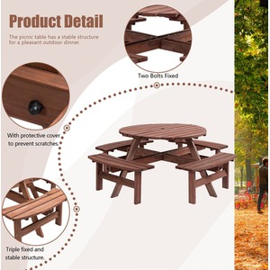 BIRCHTREE 8 Seater Wooden Picnic Table Round Pub Bench - Brown by BIRCHTREE