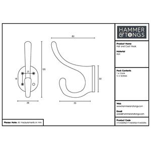 40x105mm Hat Coat Hook - Raw by Hammer and Tongs
