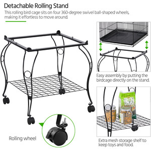 Rolling Parrot Cage with Open Top Detachable Stand - Black by Yaheetech