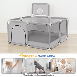 Baby Playpen with Mesh Sides and Activity Features - Light Grey