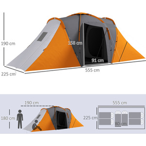 Outsunny 4-6 Man Tunnel Tent with 2 Bedroom and Living Area, Grey and Blue by Outsunny