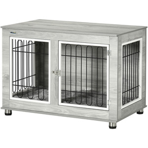 Dog Crate Furniture End Table with Soft Cushion - Grey by PawHut