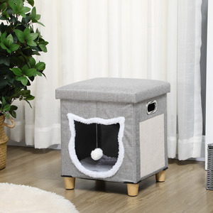 PawHut 2 in 1 Cat Bed Ottoman with Removable Cushion, Anti-Slip Foot Pads - Grey by PawHut