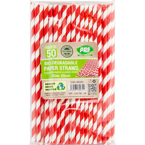 Pack of 50 Bio-Degradable Paper Straws - Red and White