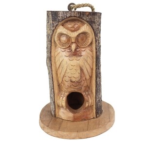 Handcarved Owl Bird House Pine Wood Garden Gift - Wood by KDMK