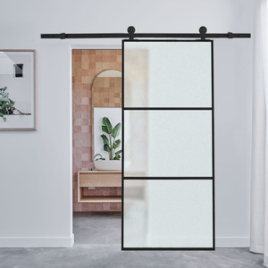 Glass Black Barn Door with Sliding Hardware Kit by Livingandhome