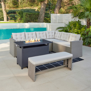 Modena L-Shape PE Rattan Dining Set with Fire Pit Table - Grey by GRS