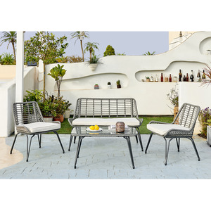 Outdoor Rattan Sofa - Lisbon Garden Sofa Chairs Table Set - Wicker and Cream - Grey by FurnitureboxUK