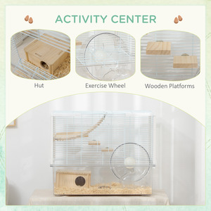 PawHut Hamster Cage with Deep Bottom, Wooden Ramp, Exercise Wheel, Food Bowl - White by PawHut