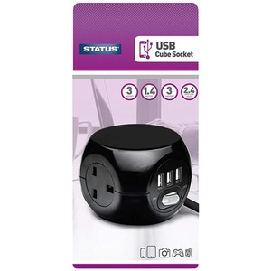 1.4M 3 Socket Electrical Extension Cube with 3 USB slots - Black by Status