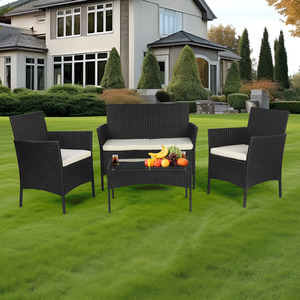 4 Seater Outdoor Leisure Sofa Rattan Combination Furniture Set - Black