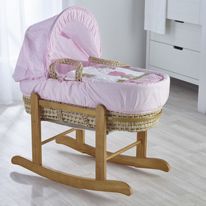 Tiny Ted Pink Moses Basket with Natural Deluxe Rocking Stand by Kinder Valley