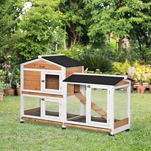 PawHut Two-Tier Wooden Pet Hutch with Wheels, Run - Yellow by PawHut