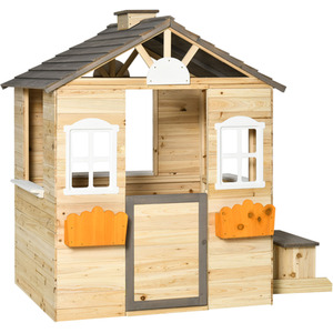 Outsunny Wooden Kids Playhouse, Outdoor Garden Games Cottage - Natural by Outsunny