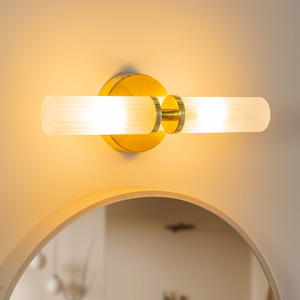 Pair of - Canya 2 Way IP44 Frosted Reeded Glass Wall Lights and LED Bulbs - Gold by ValueLights