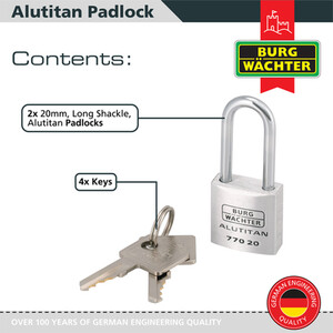 Pack of 2 Long Shackle Aluminium 20mm Padlocks - Silver by Burg-Wachter