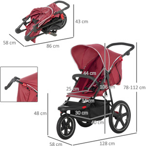 HOMCOM 3 Wheel Pushchair Foldable Baby Stroller with Fully Reclining - Red by HOMCOM