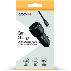 USB-C Car Charger 30W with USB-C Cable 1M - Black by Groov-e