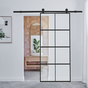 8 Lites Glass Black Barn Door with Sliding Hardware Kit by Livingandhome