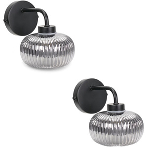 Pair of - Amaia IP44 Bathroom Wall Light with Ribbed Glass Shade Bulb - Black by ValueLights
