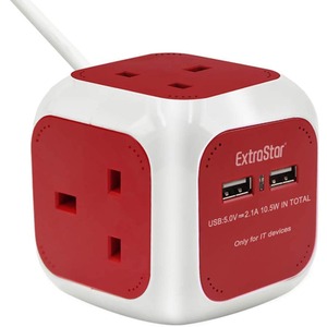 Power Cube 4 Ways Sockets 2 x USB Charger 5V 1.5m - Red by ExtraStar