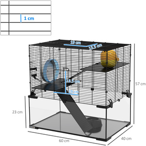 PawHut 3 Tiers Hamster Cage with Ramps, Exercise Wheel - Black / 60cm by PawHut