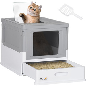 PawHut Cat Litter Box with Lid, Foldable Cat Litter Tray with Scoop - White by PawHut