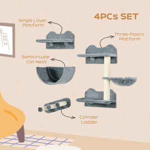 PawHut 4-Piece Wall-Mounted Pet Shelves, Scratching Post - Grey by PawHut