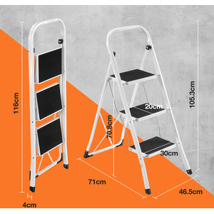 3 Step Steel Folding Step Ladder with Anti Slip Feet - White by VonHaus