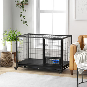 PawHut Heavy Duty Dog Crate on Wheels with Bowl Holder - Black / 74cm by PawHut