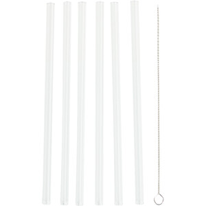 Set of 6 Clear Borosilicate Glass Straws and Brush - Clear
