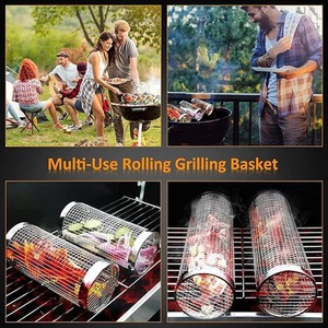 Stainless Steel Rolling BBQ Grill Basket for Vegetables Fish Meats - Silver by Dyzi
