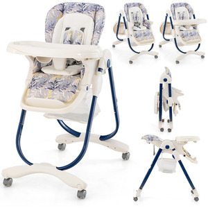 Folding Baby Highchair with Rolling Wheels - Blue by Costway
