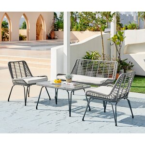 Outdoor Rattan Sofa - Lisbon Garden Sofa Chairs Table Set - Wicker and Cream - Grey by FurnitureboxUK